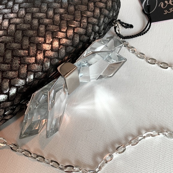 Judith Leiber Overture Hard Shell Woven Silver Black Leather Lucite Bow Clutch - Picture 12 of 16